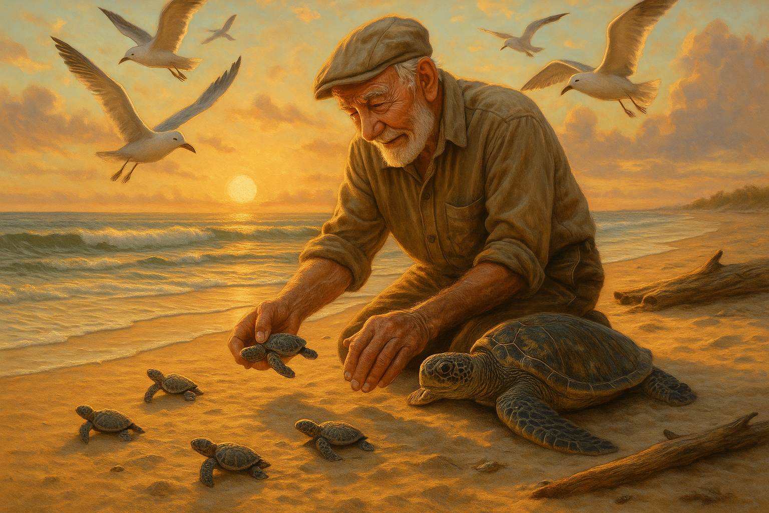 Vieille homme qui sauve des tortues